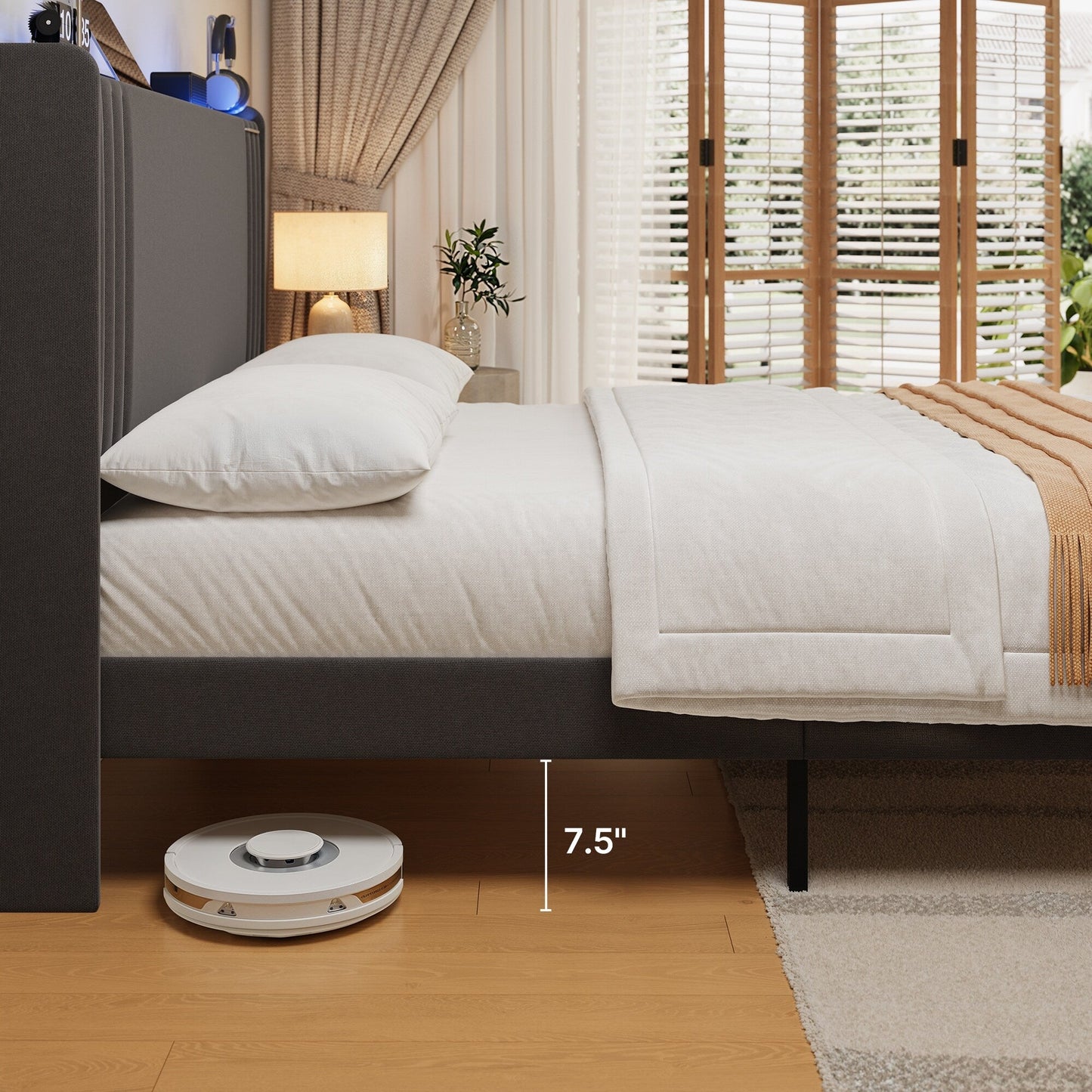 Lit Queen/Full à tête de lit capitonnée à canaux verticaux et dossier à oreilles