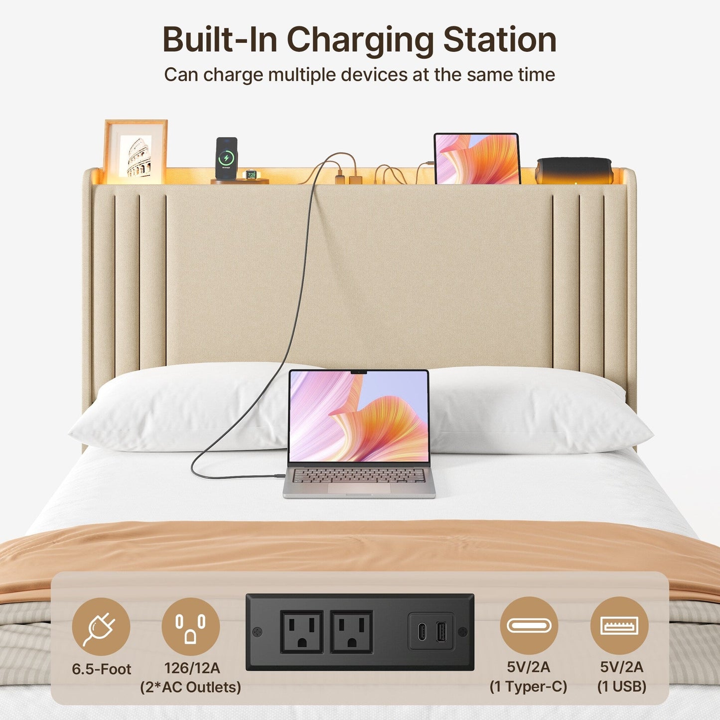 Lit Queen/Full à tête de lit capitonnée à canaux verticaux et dossier à oreilles