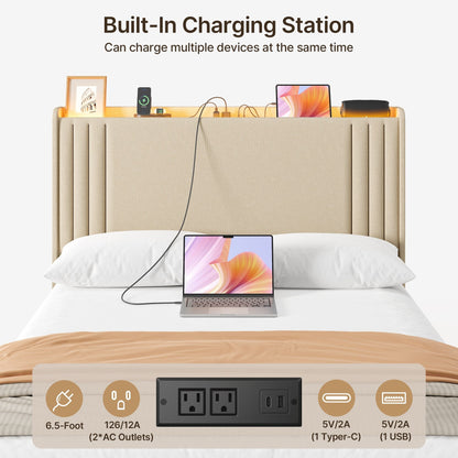 Lit Queen/Full à tête de lit capitonnée à canaux verticaux et dossier à oreilles