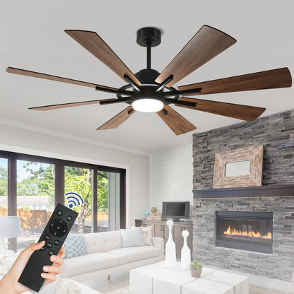 Ventilateur de plafond télécommandé avec éclairage, 8 grandes pales en bois