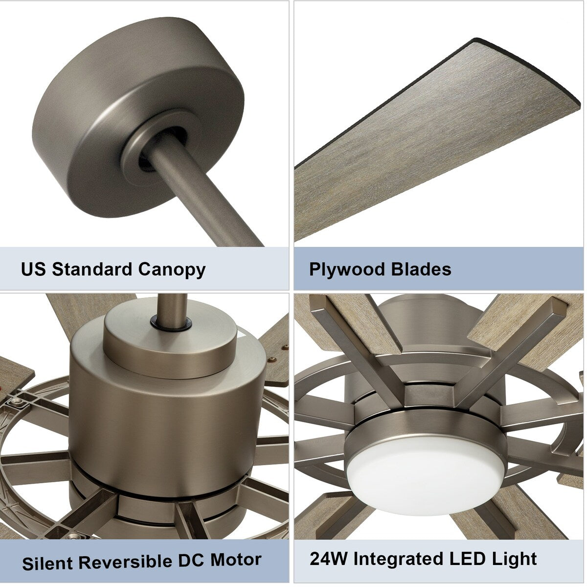 Ventilateur de plafond télécommandé avec éclairage, 8 grandes pales en bois