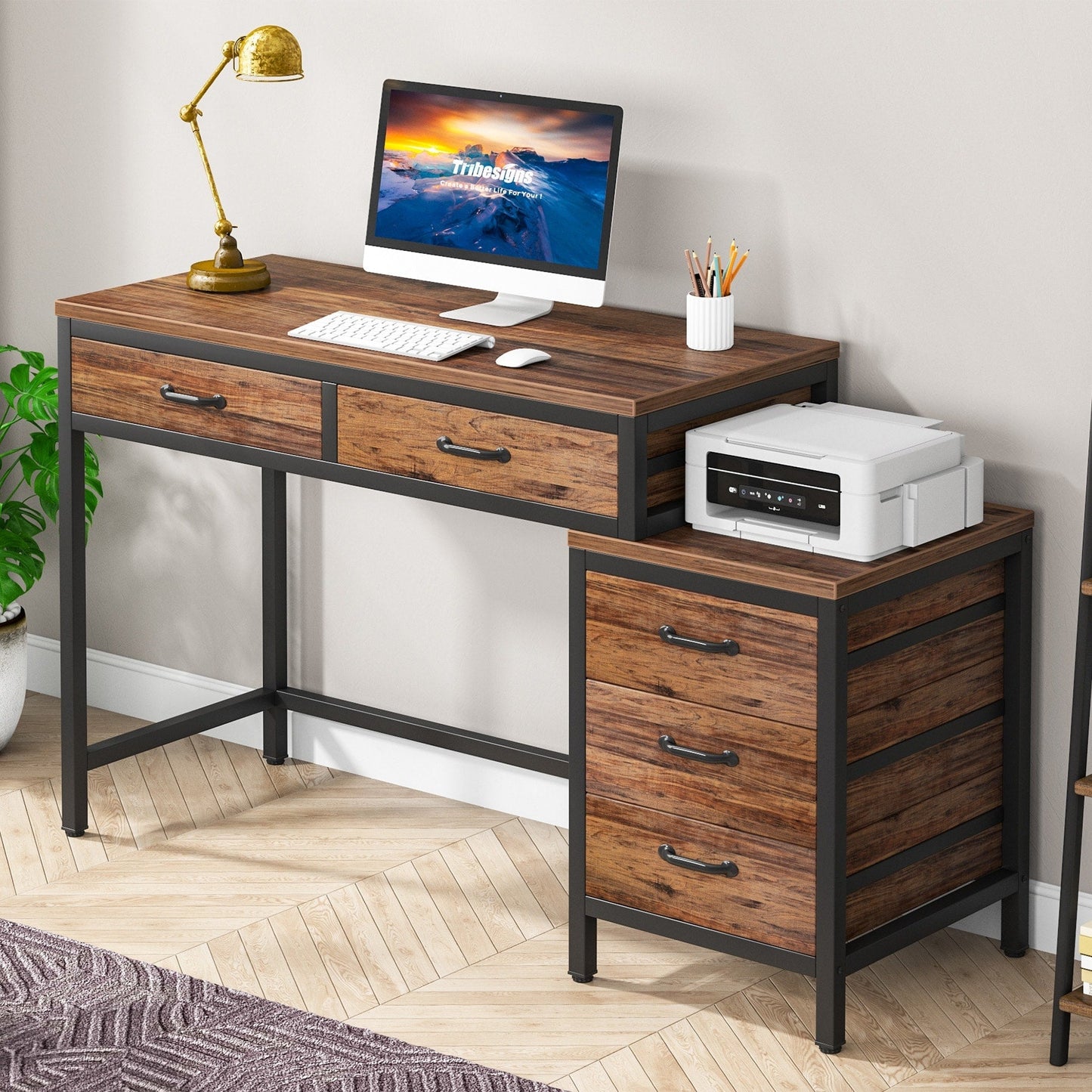 Bureau d'ordinateur réversible à 5 tiroirs, bureau pour bureau à domicile avec tiroir de rangement et support pour imprimante