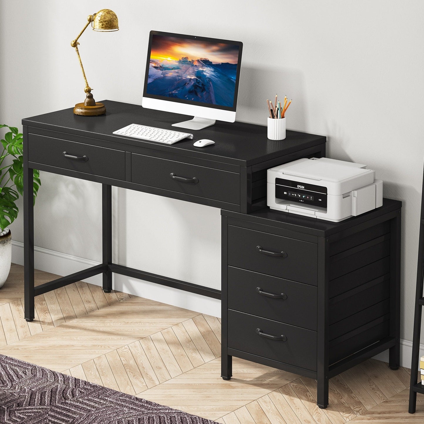 Bureau d'ordinateur réversible à 5 tiroirs, bureau pour bureau à domicile avec tiroir de rangement et support pour imprimante