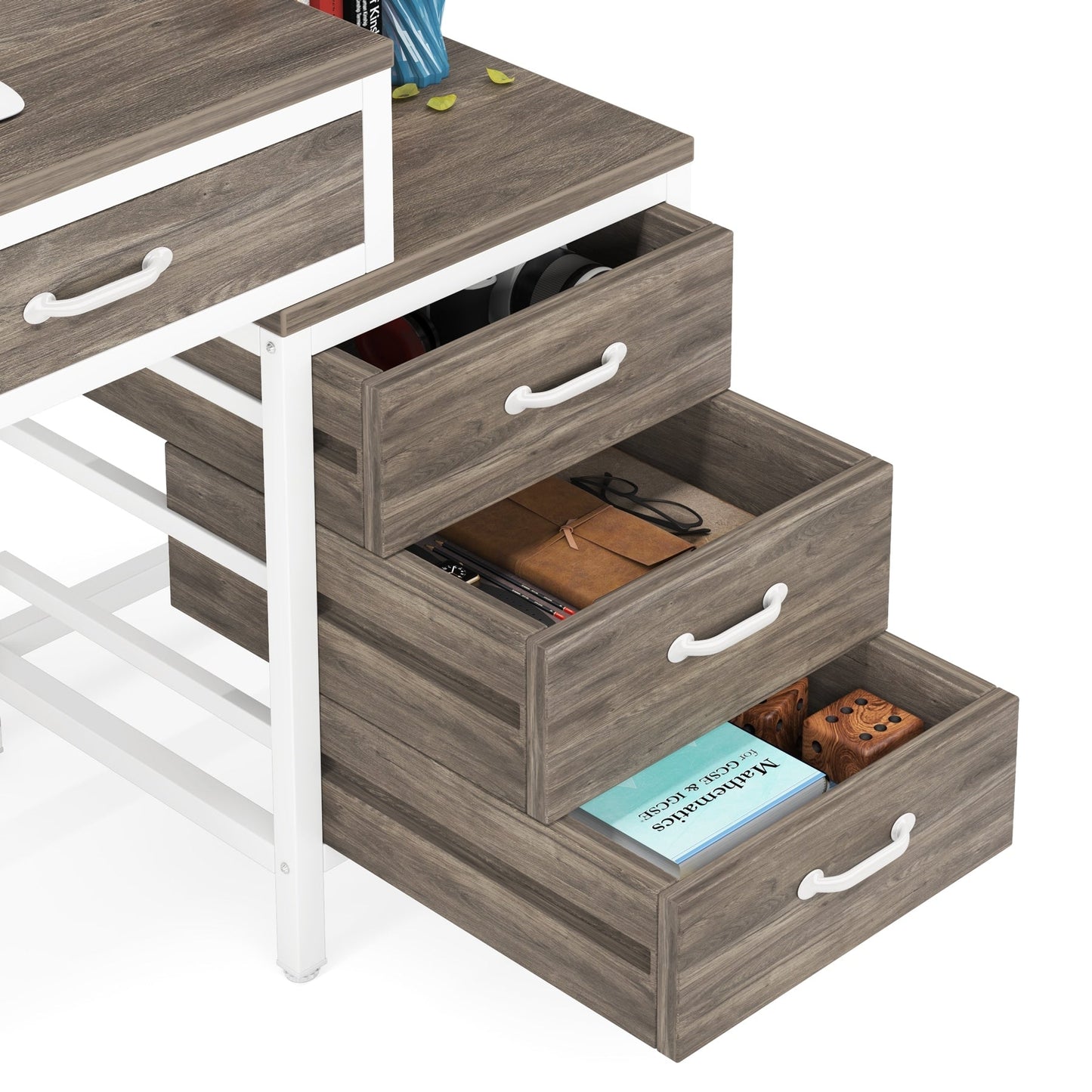 Bureau d'ordinateur réversible à 5 tiroirs, bureau pour bureau à domicile avec tiroir de rangement et support pour imprimante