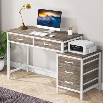 Bureau d'ordinateur réversible à 5 tiroirs, bureau pour bureau à domicile avec tiroir de rangement et support pour imprimante