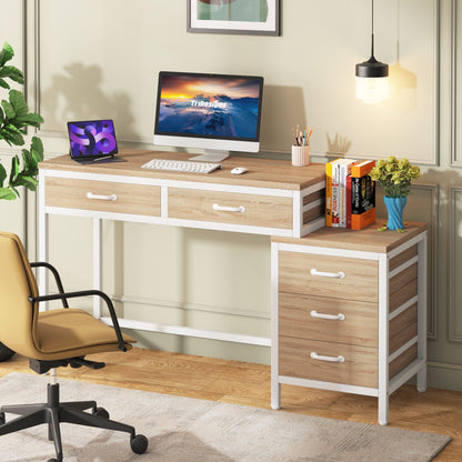 Bureau d'ordinateur réversible à 5 tiroirs, bureau pour bureau à domicile avec tiroir de rangement et support pour imprimante