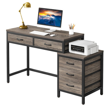 Bureau d'ordinateur réversible à 5 tiroirs, bureau pour bureau à domicile avec tiroir de rangement et support pour imprimante