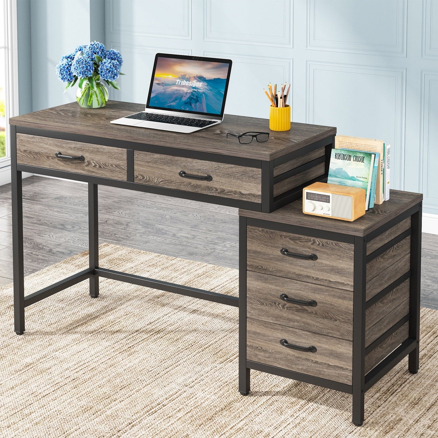 Bureau d'ordinateur réversible à 5 tiroirs, bureau pour bureau à domicile avec tiroir de rangement et support pour imprimante