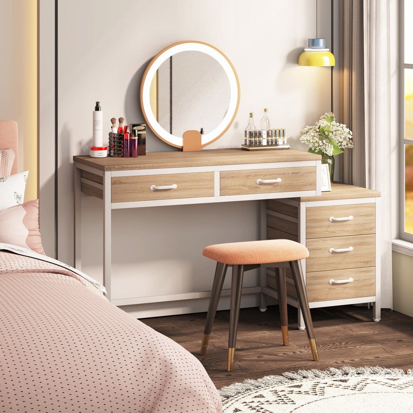 Bureau d'ordinateur réversible à 5 tiroirs, bureau pour bureau à domicile avec tiroir de rangement et support pour imprimante