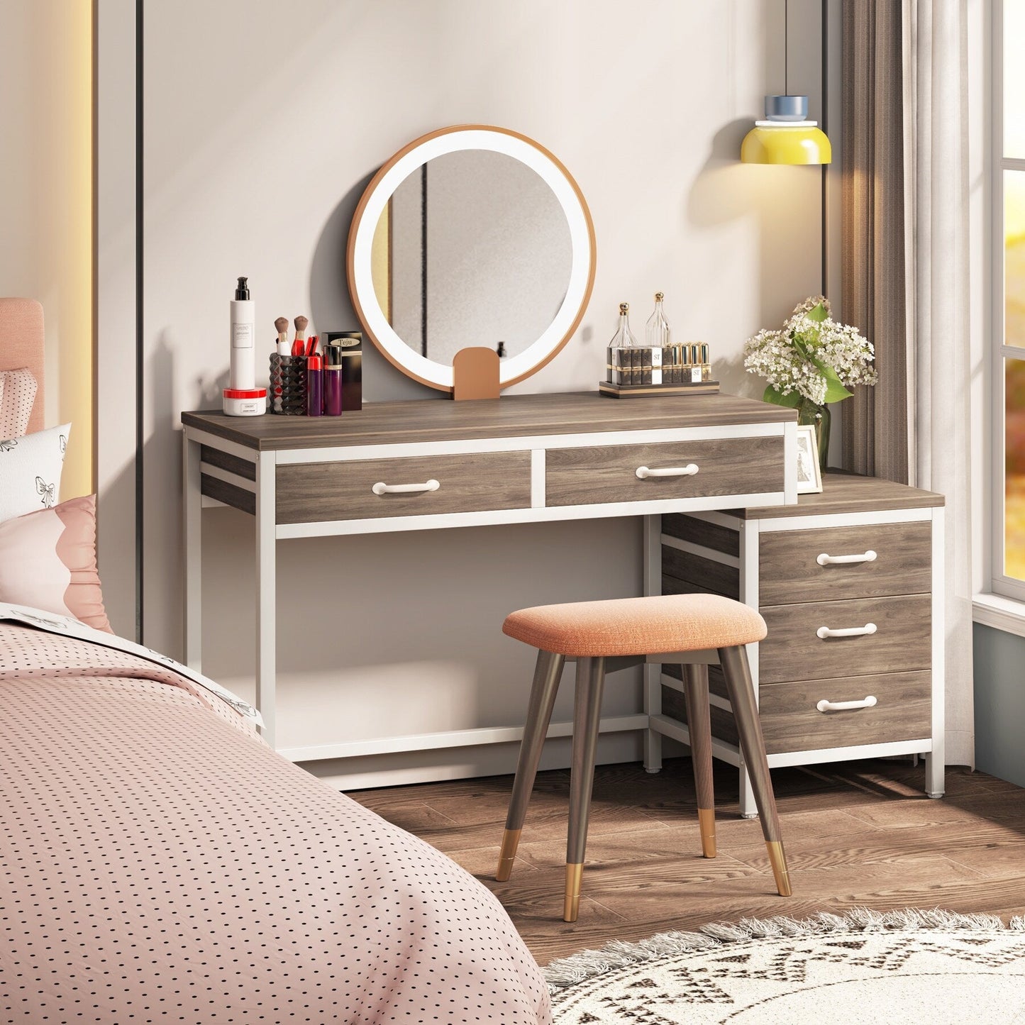 Bureau d'ordinateur réversible à 5 tiroirs, bureau pour bureau à domicile avec tiroir de rangement et support pour imprimante