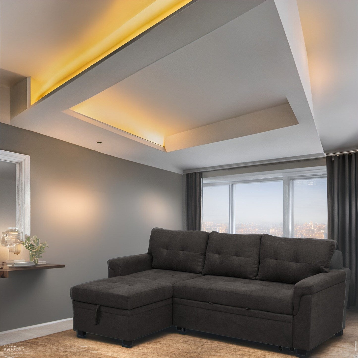 Canapé d'angle réversible avec lit gigogne, méridienne avec rangement dissimulé, pieds robustes.