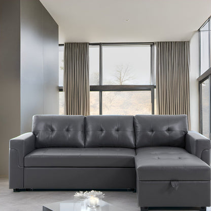 Canapé d'angle réversible avec lit gigogne, méridienne avec rangement dissimulé, pieds robustes.