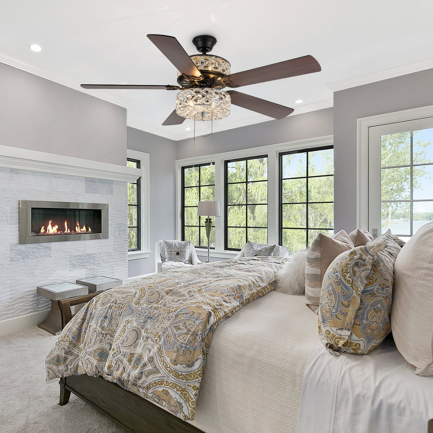 Ventilateur de plafond River of Goods Olivia, finition bronze huilé/cristal, 132 cm (52 ​​po) à DEL - 132 cm (52 ​​po) L x 132 cm (52 ​​po) l x 46 cm (18,25 po) H