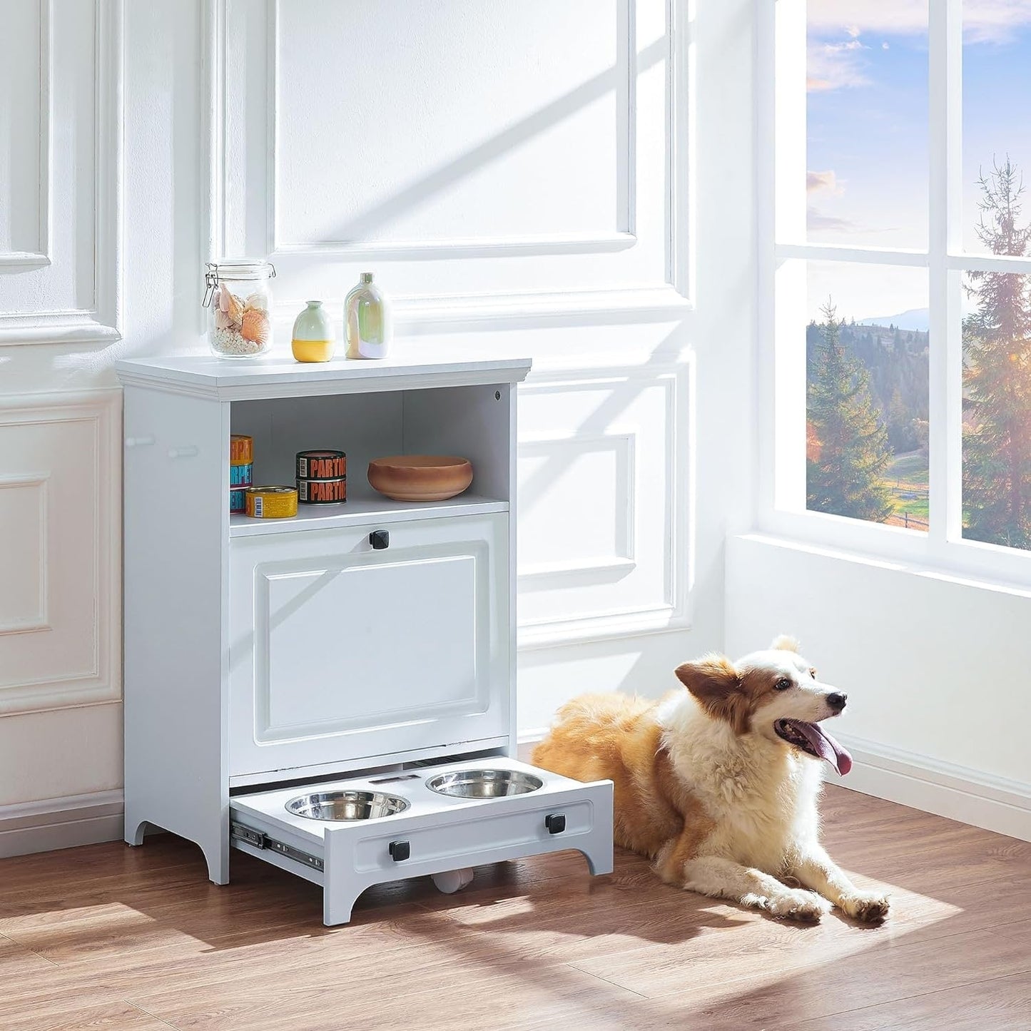 Station d'alimentation pour chiens Roomfitters avec 2 gamelles surélevées, meuble d'alimentation inclinable pour animaux de compagnie