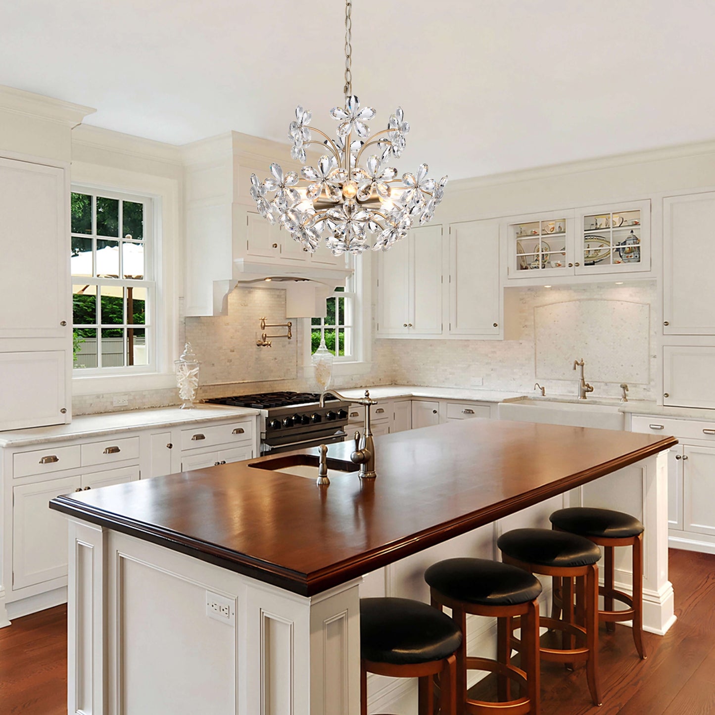 Lustre Rosa à 6 lumières en cristal champagne argenté brossé, orné de fleurs