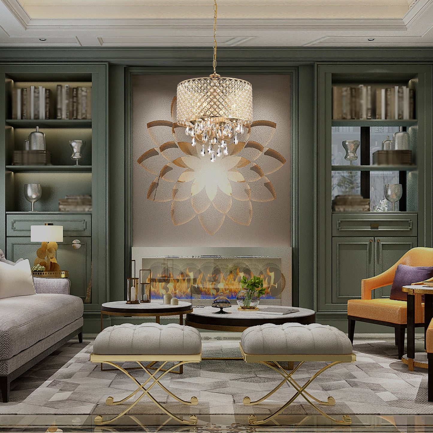 Lustre tambour rond à perles avec cristaux suspendus