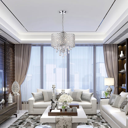 Lustre tambour rond à perles avec cristaux suspendus