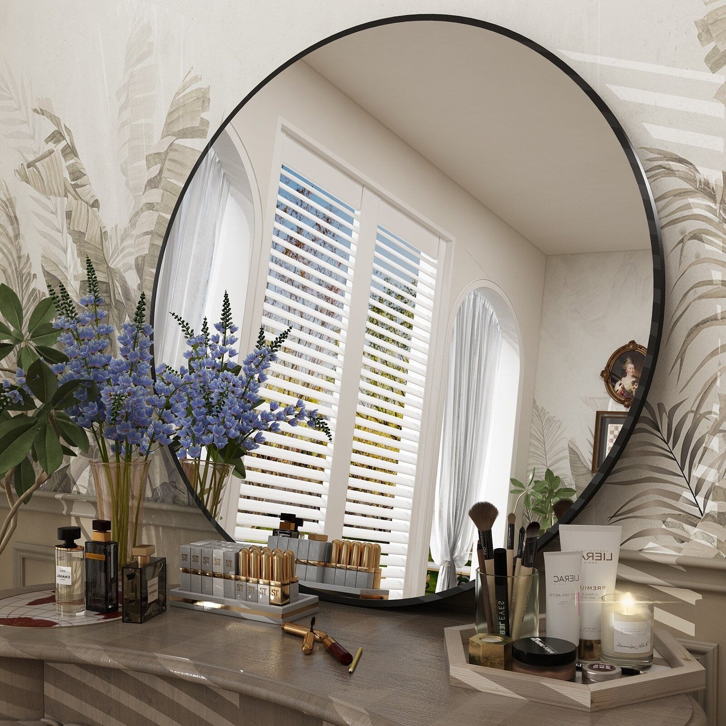 Miroir de salle de bain mural rond à cadre noir