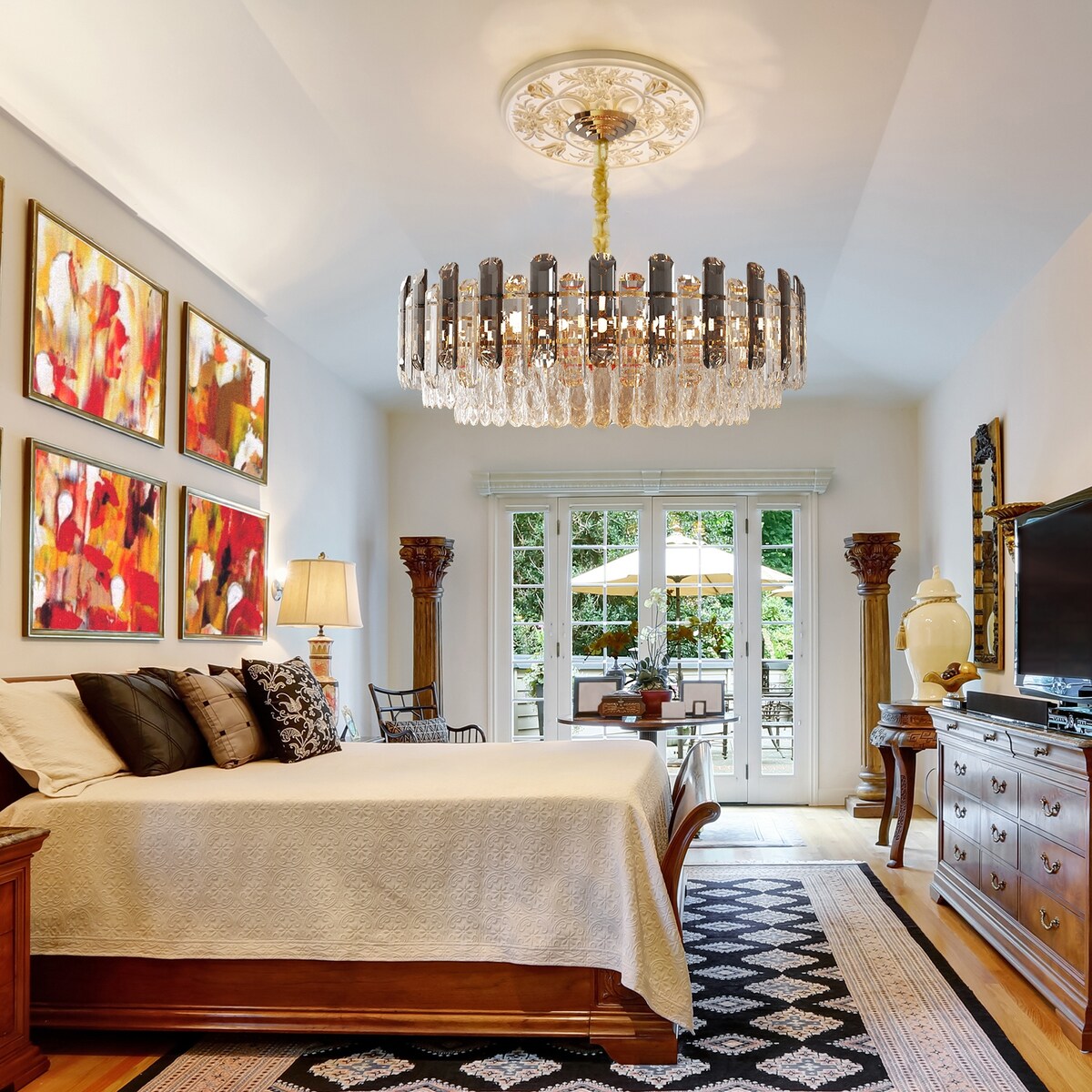 Lustre de plafond rond à plusieurs niveaux en cristal brillant avec suspension à 3 couleurs d'éclairage