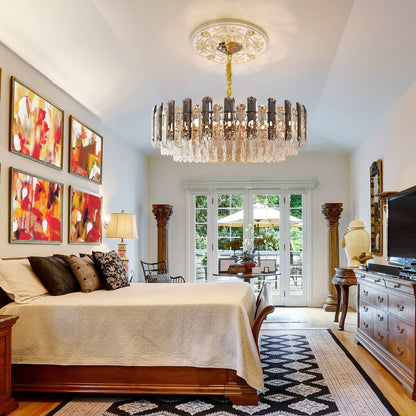 Lustre de plafond rond à plusieurs niveaux en cristal brillant avec suspension à 3 couleurs d'éclairage