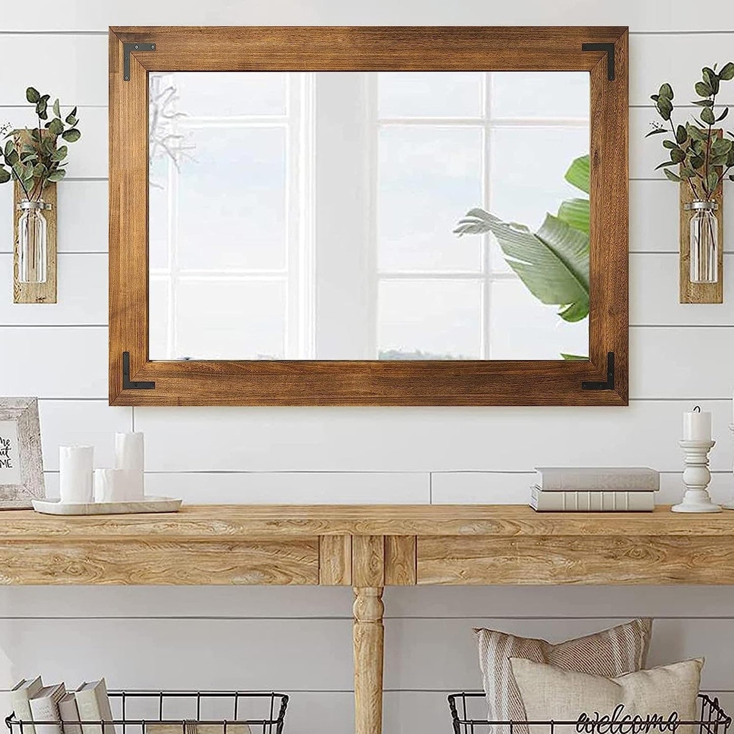 Miroir mural rustique à cadre en bois, miroir de salle de bain en bois naturel