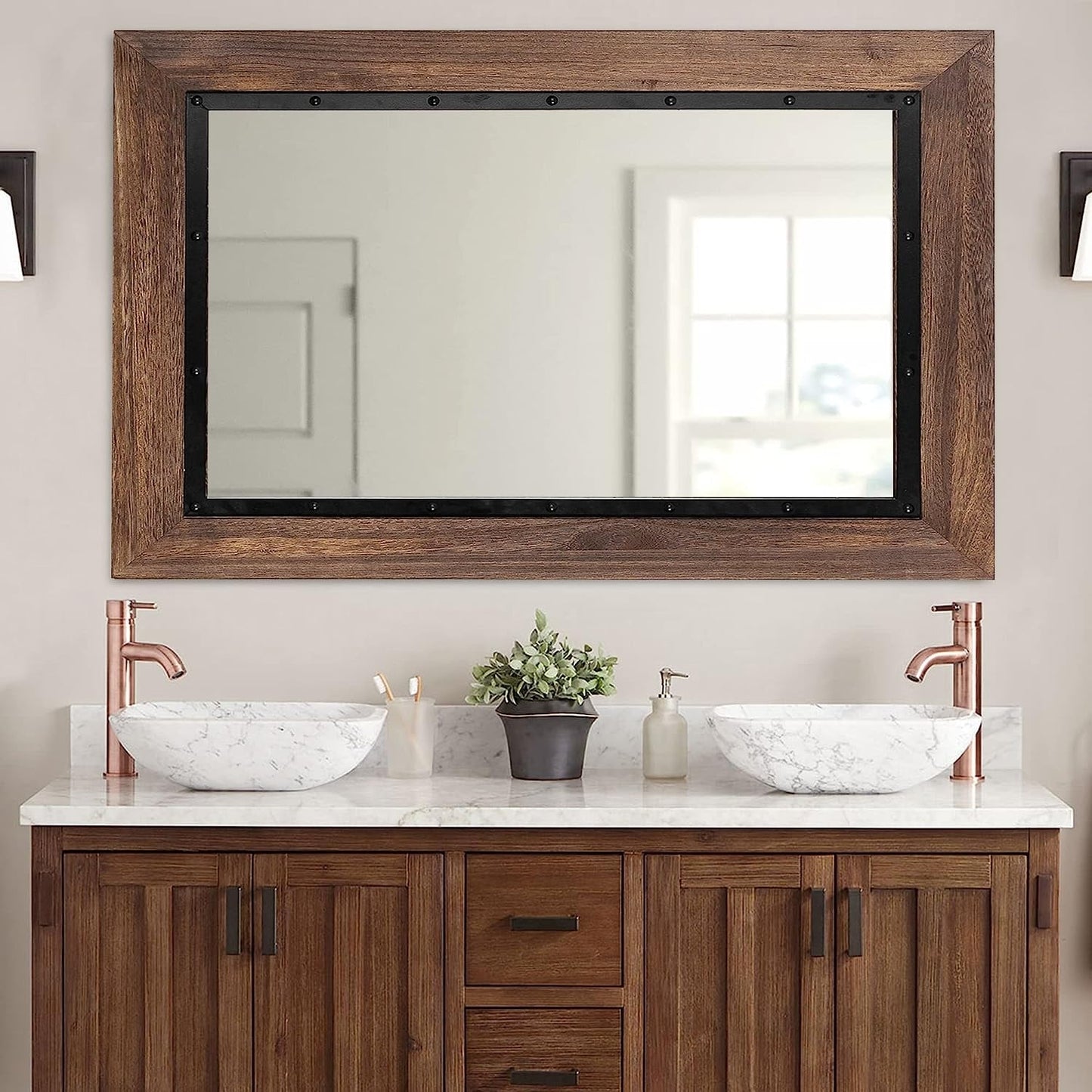 Miroir de salle de bain mural rustique avec cadre en bois et fer forgé