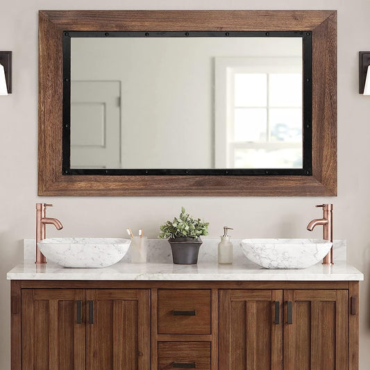 Miroir de salle de bain mural rustique avec cadre en bois et fer forgé