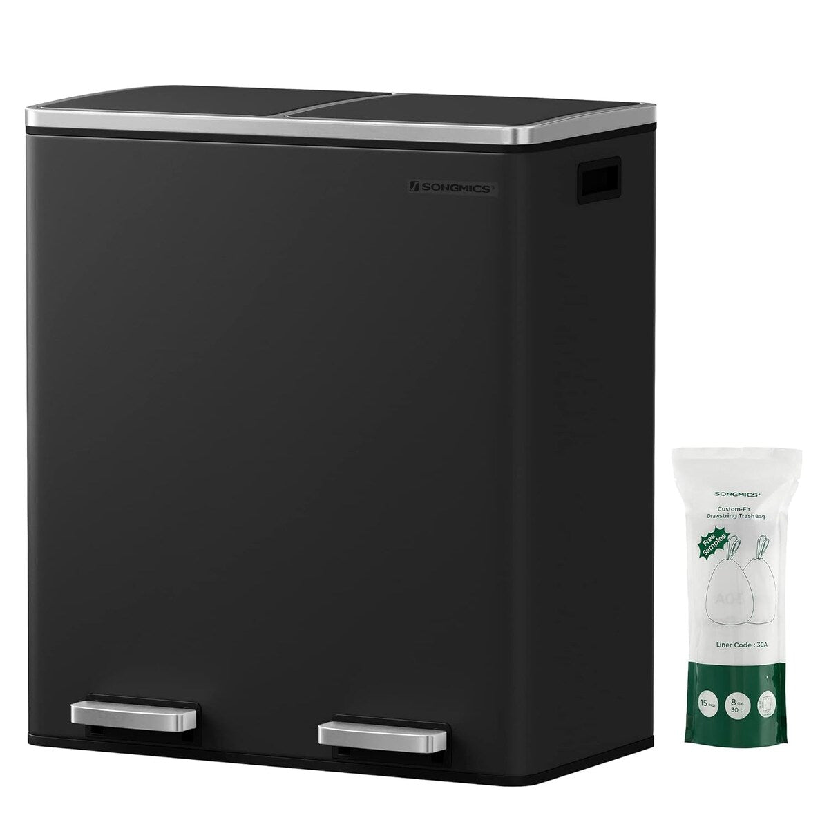 Poubelle double SONGMICS, 60 litres, en acier inoxydable, noire