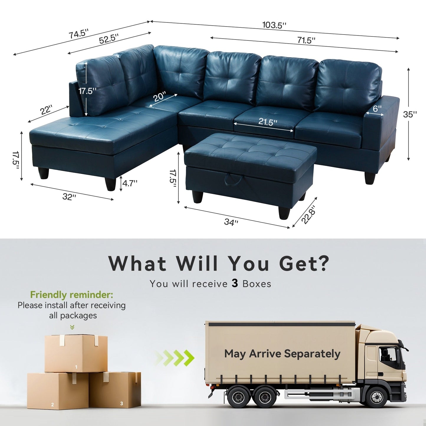 Ensemble de canapés de salon 3 pièces en cuir synthétique semi-PU