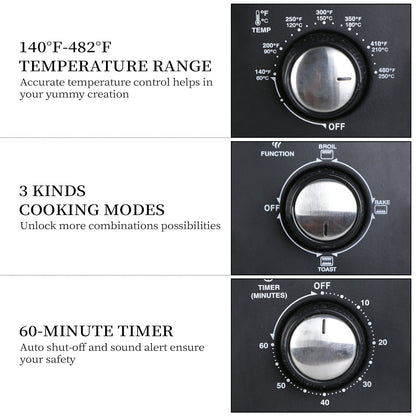 Four grille-pain simple d'une capacité de 20 litres, format compact, facile à utiliser grâce à sa minuterie et ses fonctions de cuisson, de gril et de grillage.