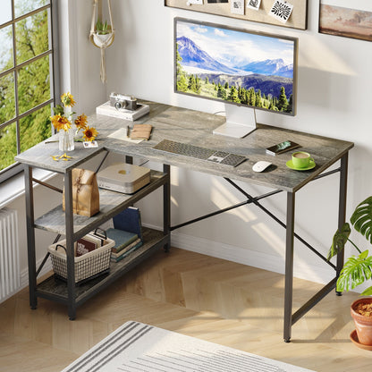 Petit bureau d'angle en forme de L avec étagères de rangement