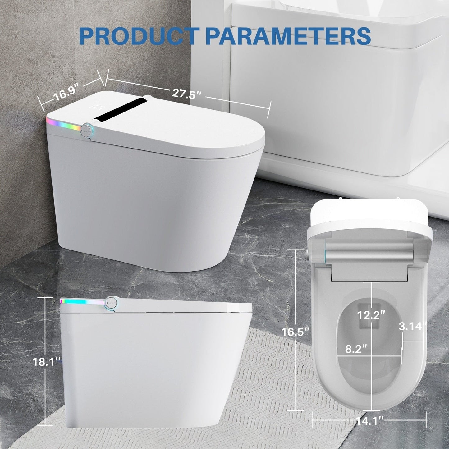 Toilettes intelligentes, WC bidet monobloc pour salles de bains, WC allongé moderne avec eau chaude, double chasse d'eau automatique, activation par capteur de pied