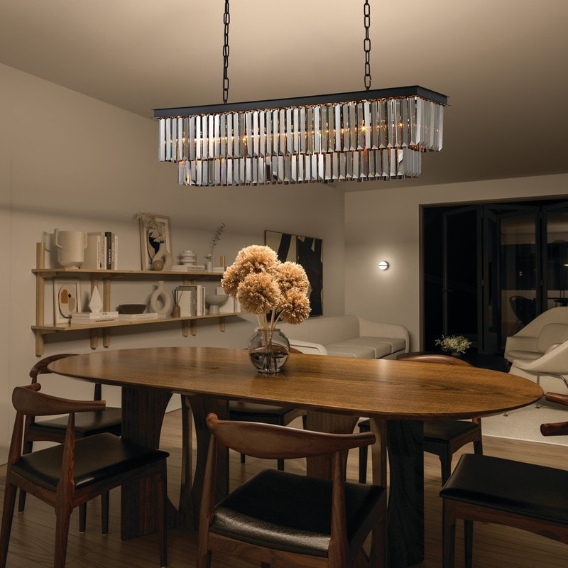 Lustre contemporain en cristal gris fumé et noir de 47 po, luminaire suspendu linéaire à deux niveaux pour îlot de cuisine et salle à manger