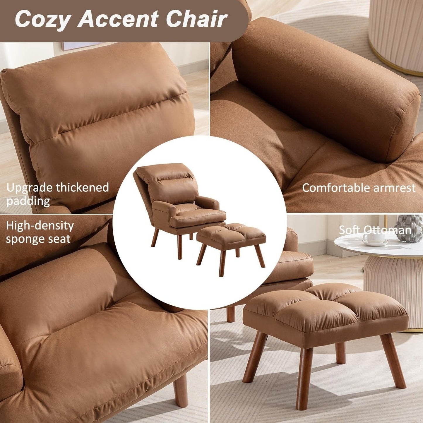 Fauteuil de salon décontracté en tissu souple avec dossier et pieds réglables, tabouret