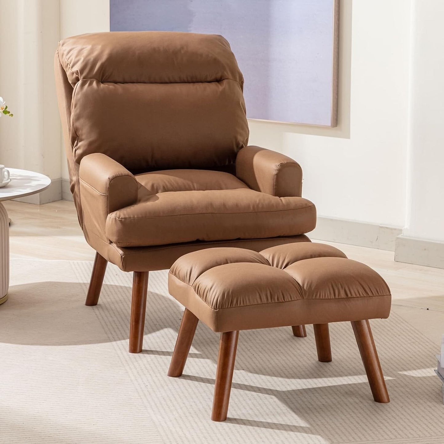 Fauteuil de salon décontracté en tissu souple avec dossier et pieds réglables, tabouret