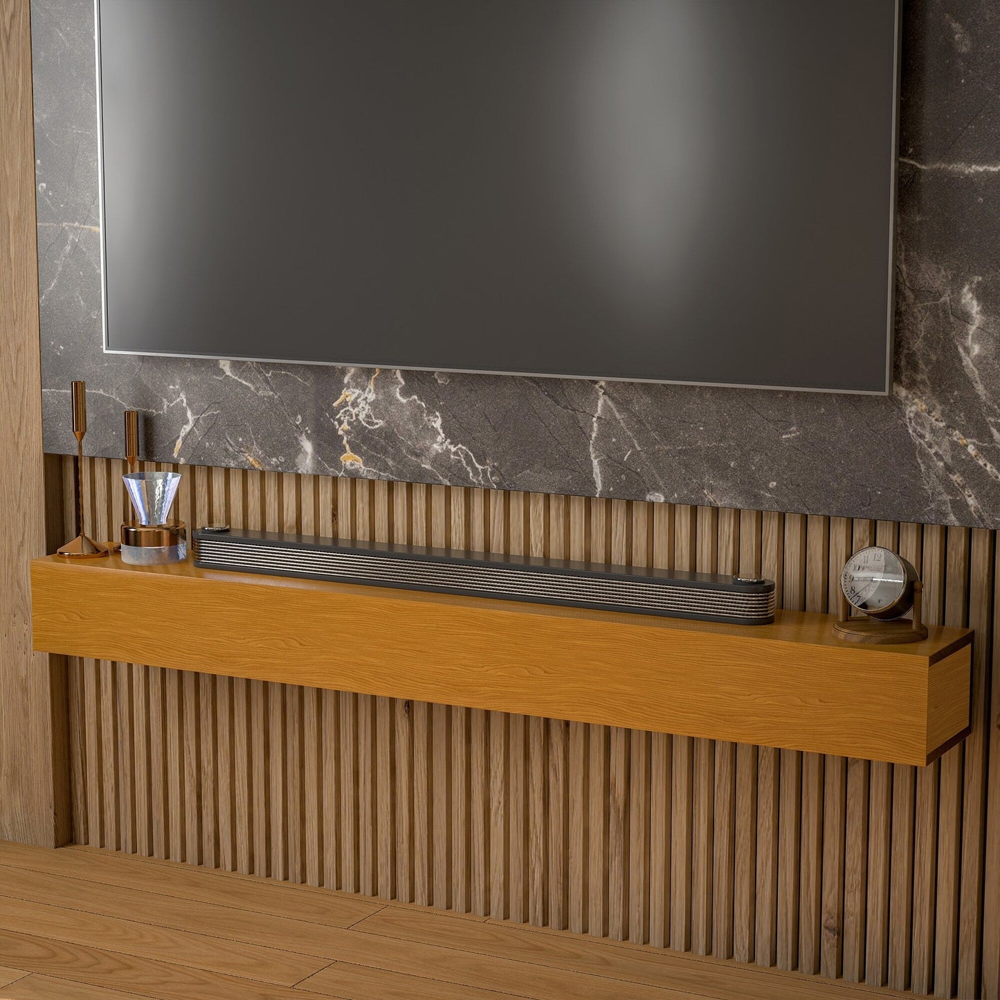 Cheminée murale en pin massif avec étagère flottante