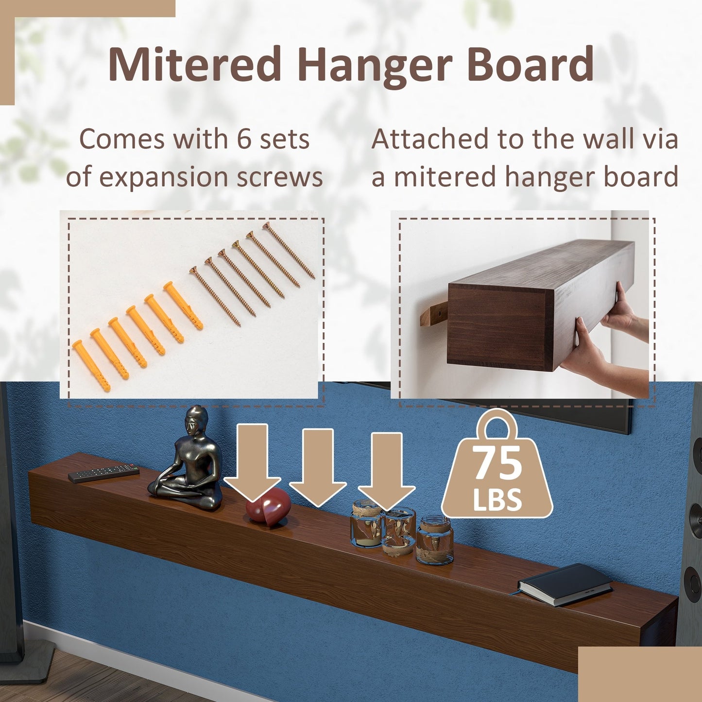 Cheminée murale en pin massif avec étagère flottante