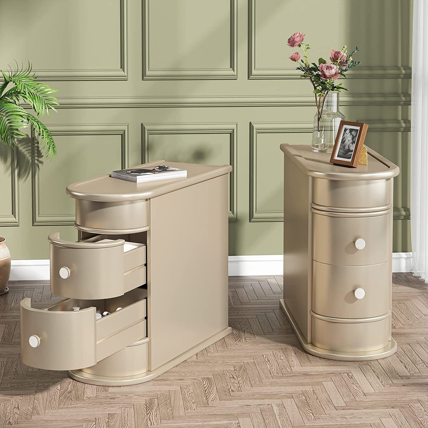 Table d'appoint en bois massif, table d'appoint étroite à deux tiroirs