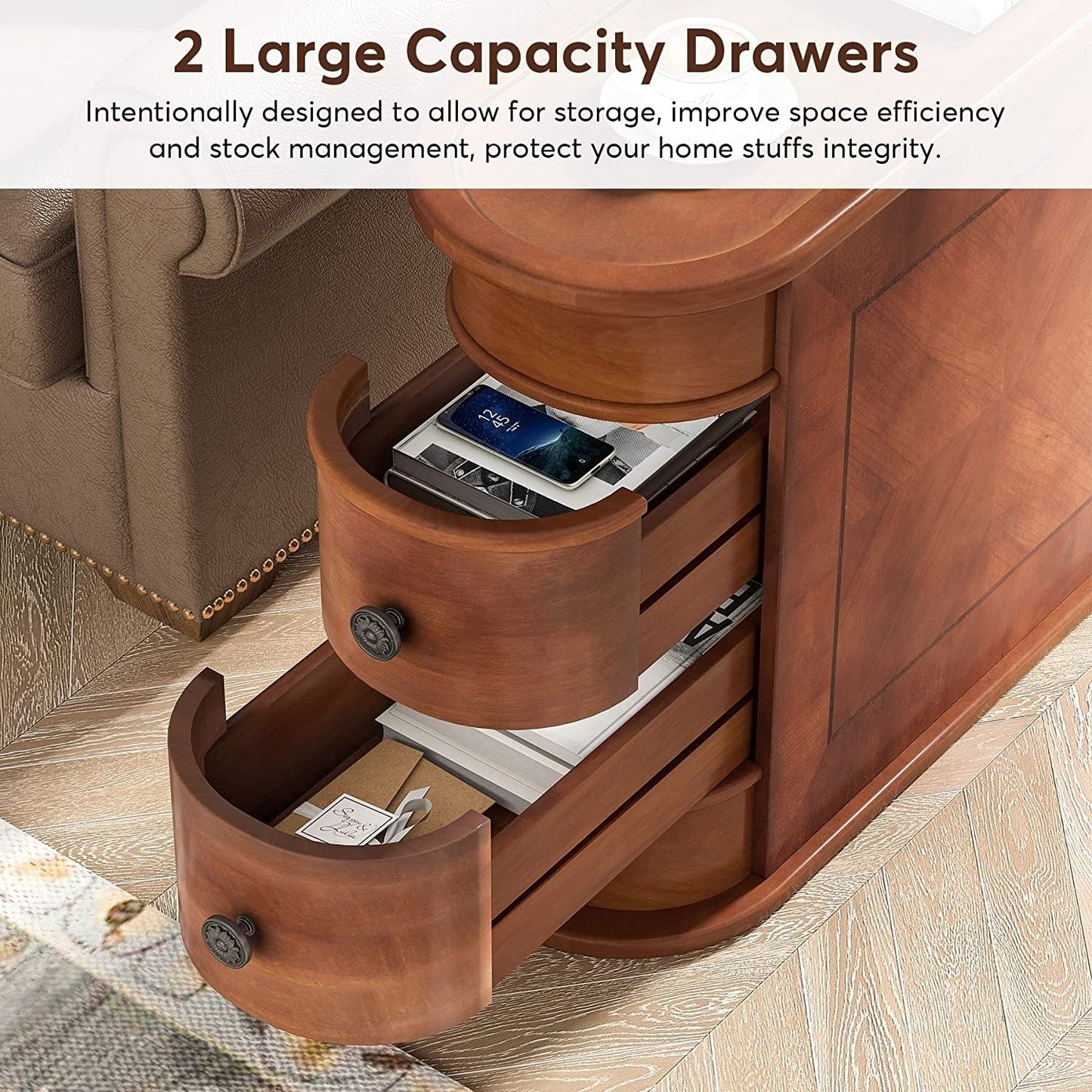 Table d'appoint en bois massif, table d'appoint étroite à deux tiroirs