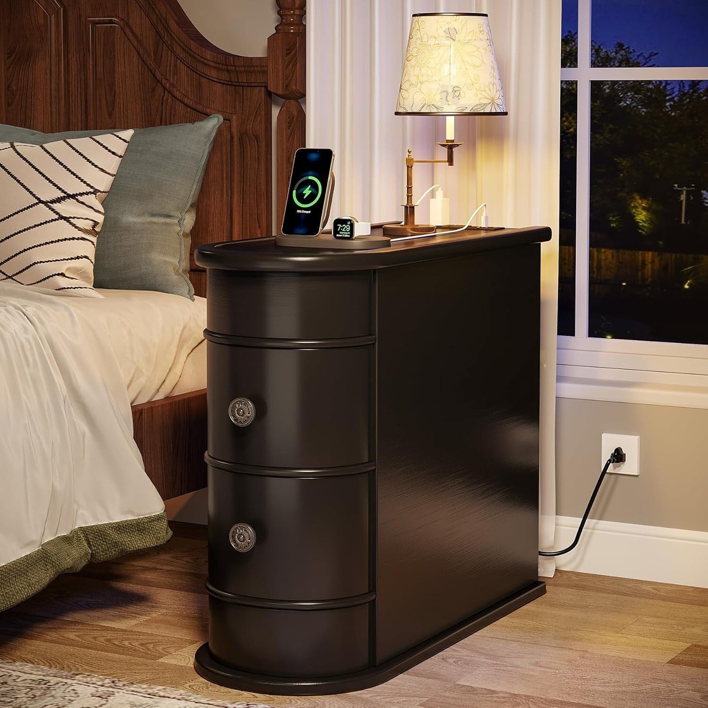 Table d'appoint en bois massif, table d'appoint étroite à deux tiroirs