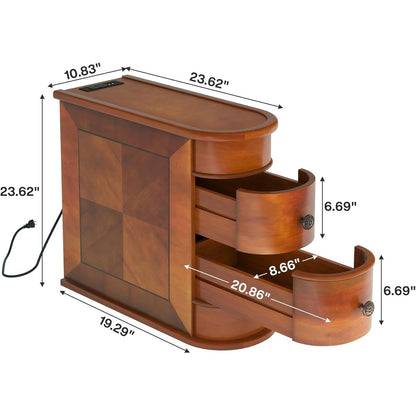 Table d'appoint en bois massif, table d'appoint étroite à deux tiroirs