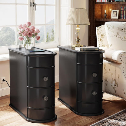 Table d'appoint en bois massif, table d'appoint étroite à deux tiroirs