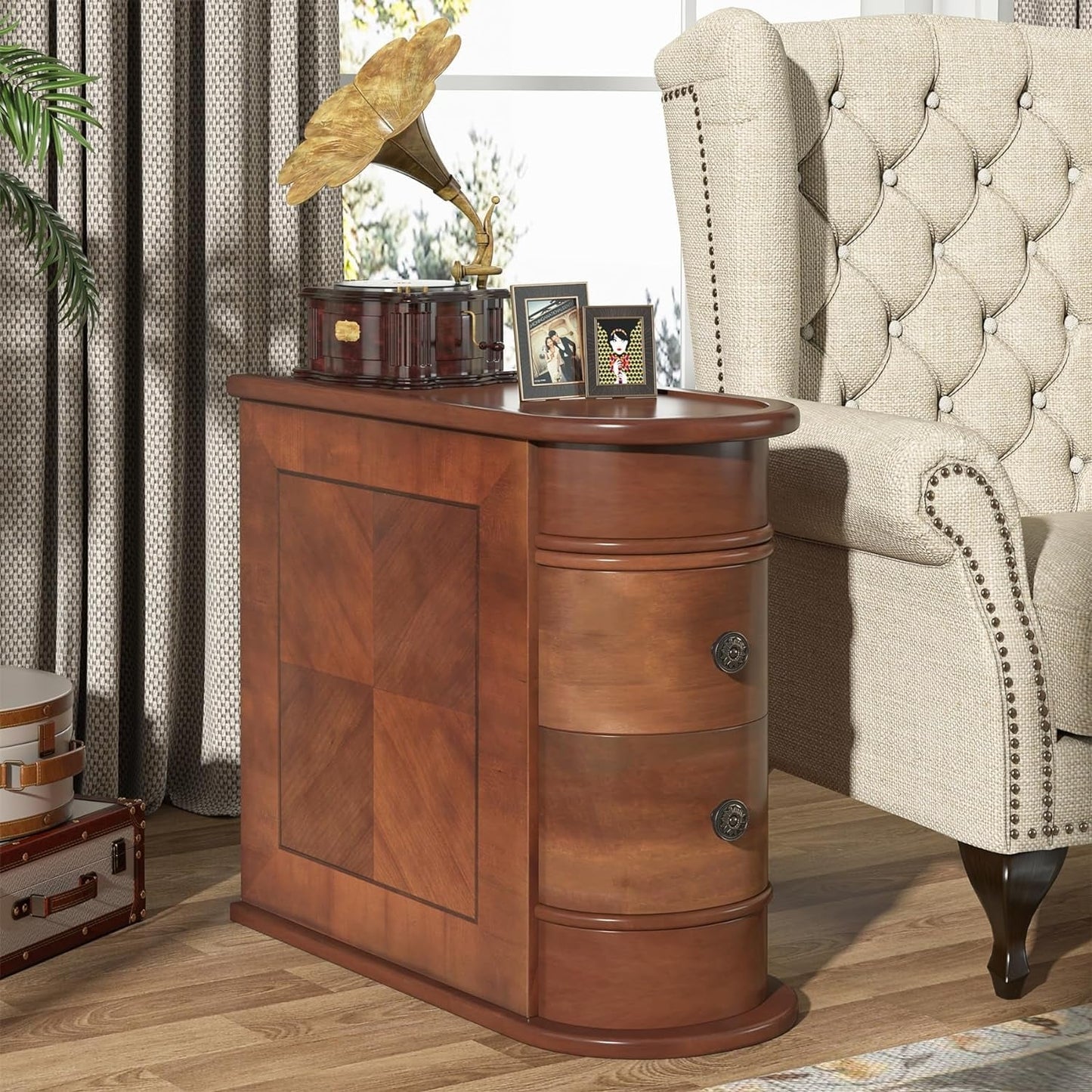 Table d'appoint en bois massif, table d'appoint étroite à deux tiroirs