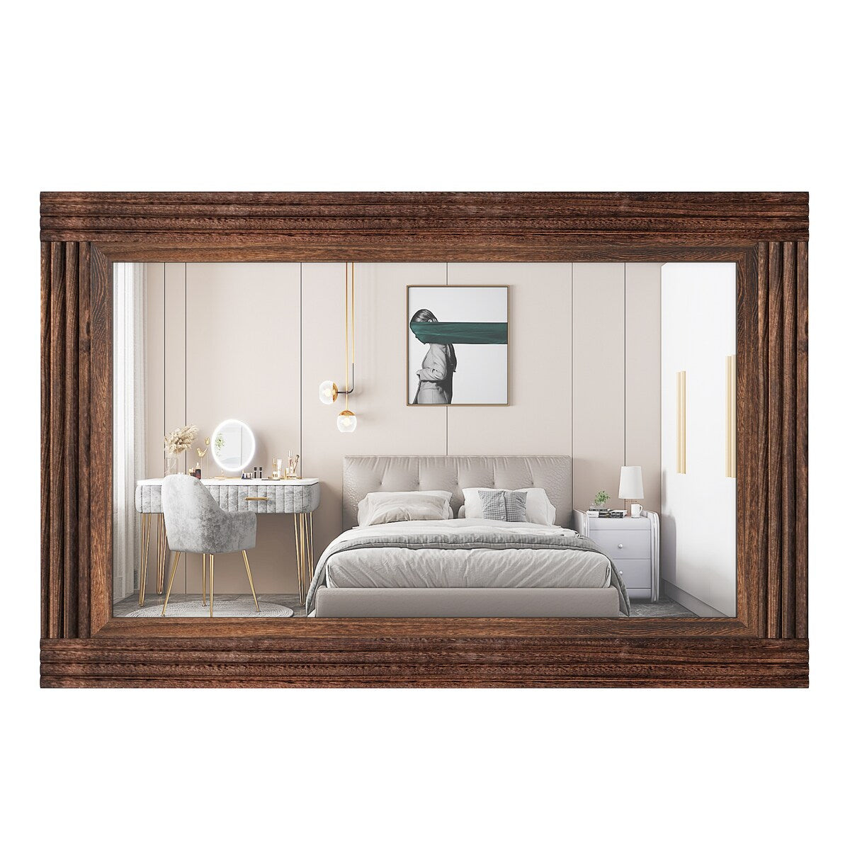 Miroir de salle de bain plat avec cadre en bois massif
