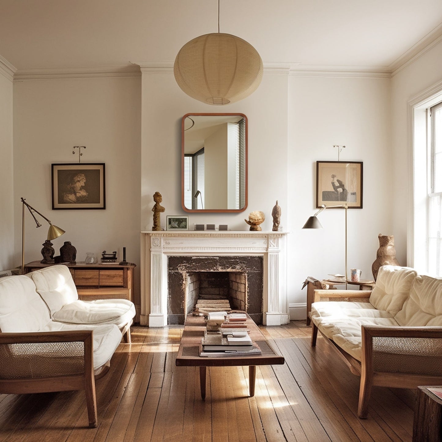 Miroir mural rectangulaire à coins arrondis de style ferme avec cadre en bois massif