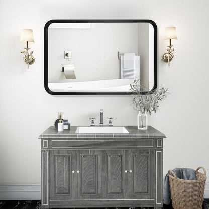 Miroir mural rectangulaire à coins arrondis de style ferme avec cadre en bois massif