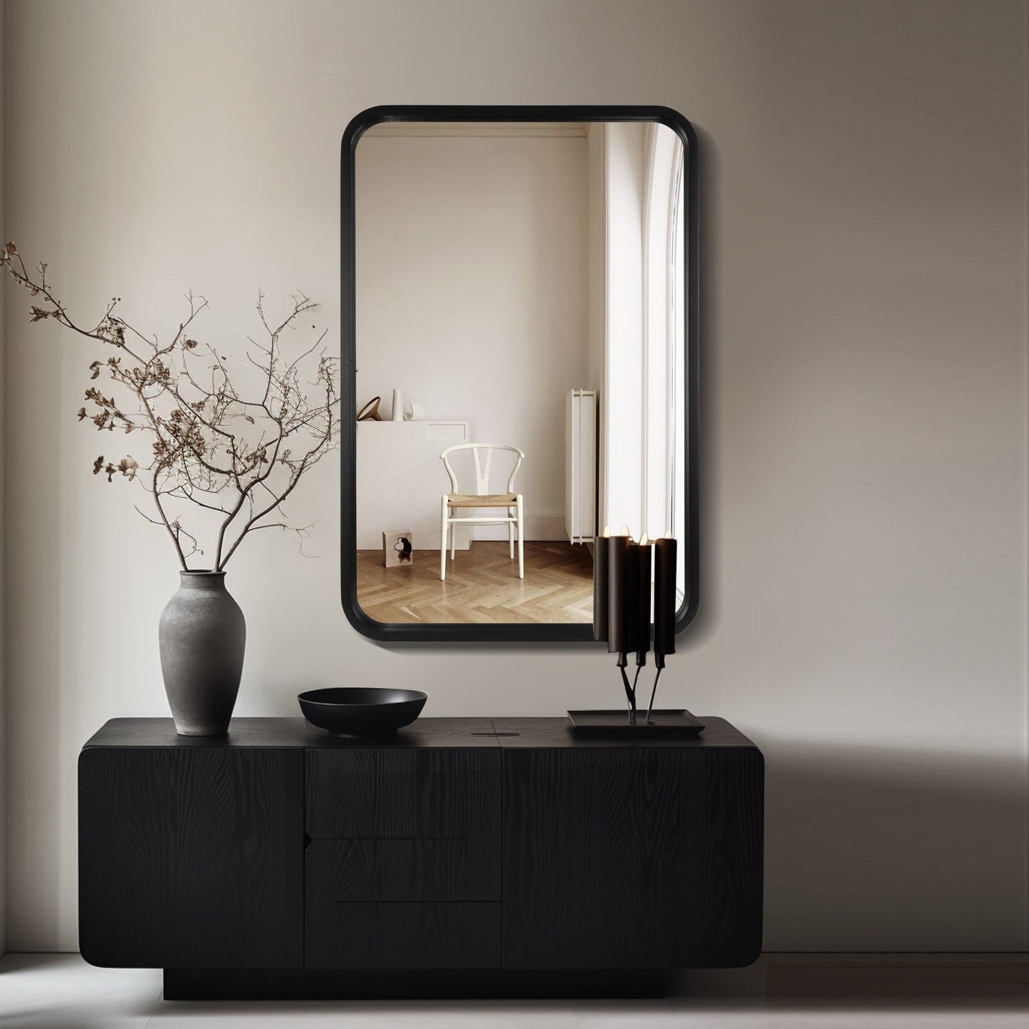 Miroir mural rectangulaire à coins arrondis de style ferme avec cadre en bois massif