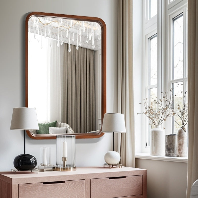 Miroir mural rectangulaire à coins arrondis de style ferme avec cadre en bois massif