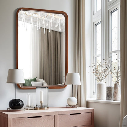 Miroir mural rectangulaire à coins arrondis de style ferme avec cadre en bois massif
