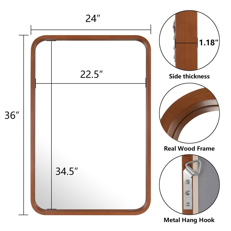 Miroir mural rectangulaire à coins arrondis de style ferme avec cadre en bois massif